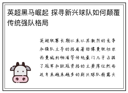 英超黑马崛起 探寻新兴球队如何颠覆传统强队格局