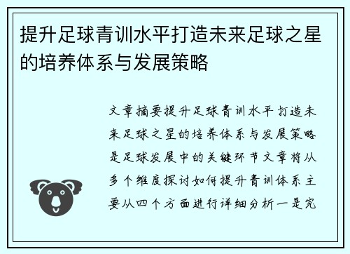 提升足球青训水平打造未来足球之星的培养体系与发展策略