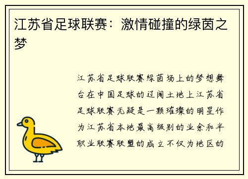 江苏省足球联赛：激情碰撞的绿茵之梦