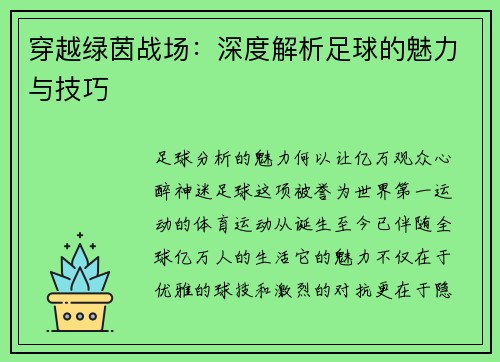 穿越绿茵战场：深度解析足球的魅力与技巧