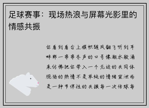 足球赛事：现场热浪与屏幕光影里的情感共振