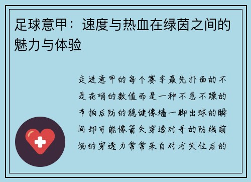 足球意甲：速度与热血在绿茵之间的魅力与体验