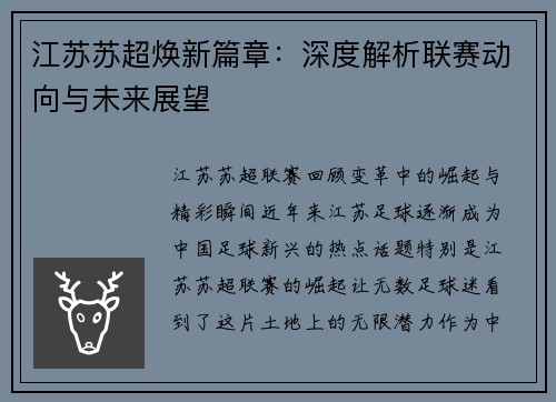 江苏苏超焕新篇章：深度解析联赛动向与未来展望